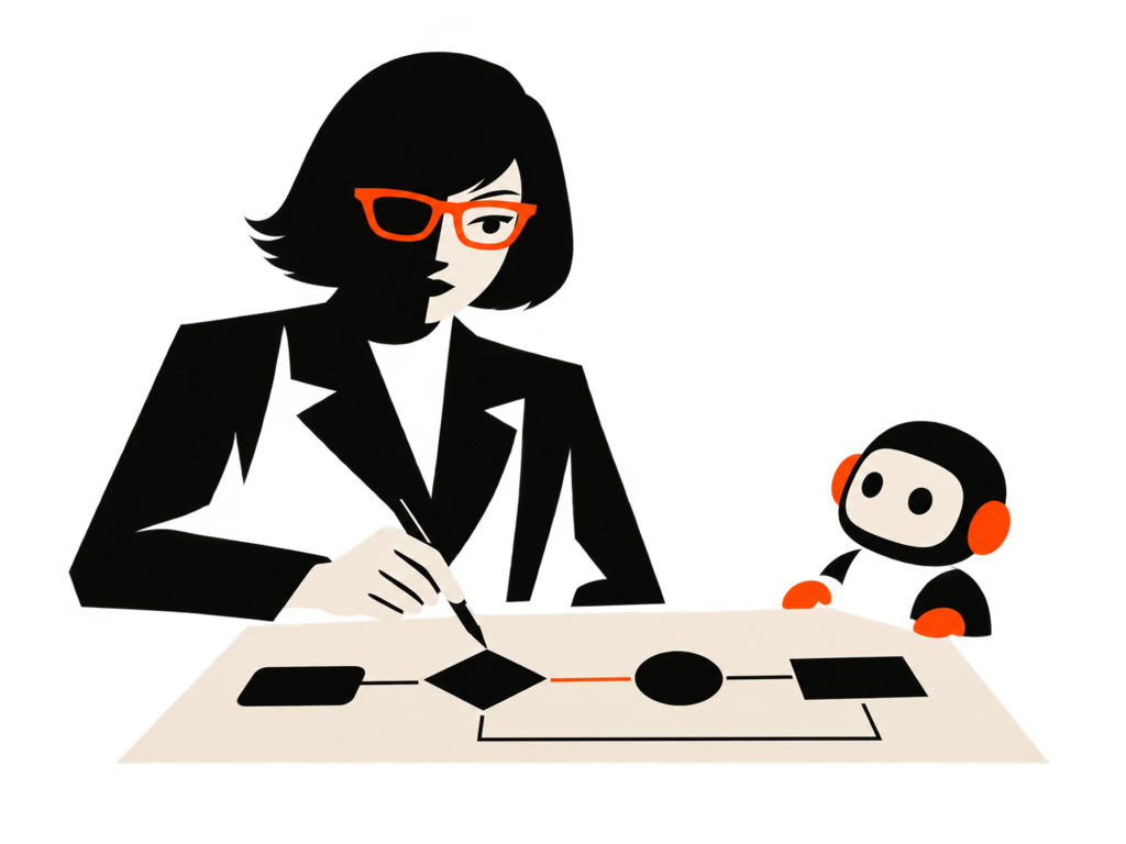 The Orange Glasses woman designing a workflow blueprint with a small robot assistant.