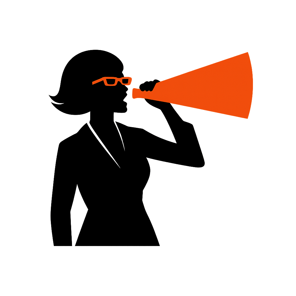 Silhouette of a woman in orange glasses raising a bright orange megaphone.