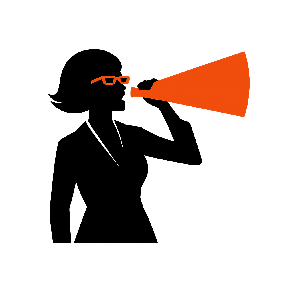 Silhouette of a woman in orange glasses raising a bright orange megaphone.