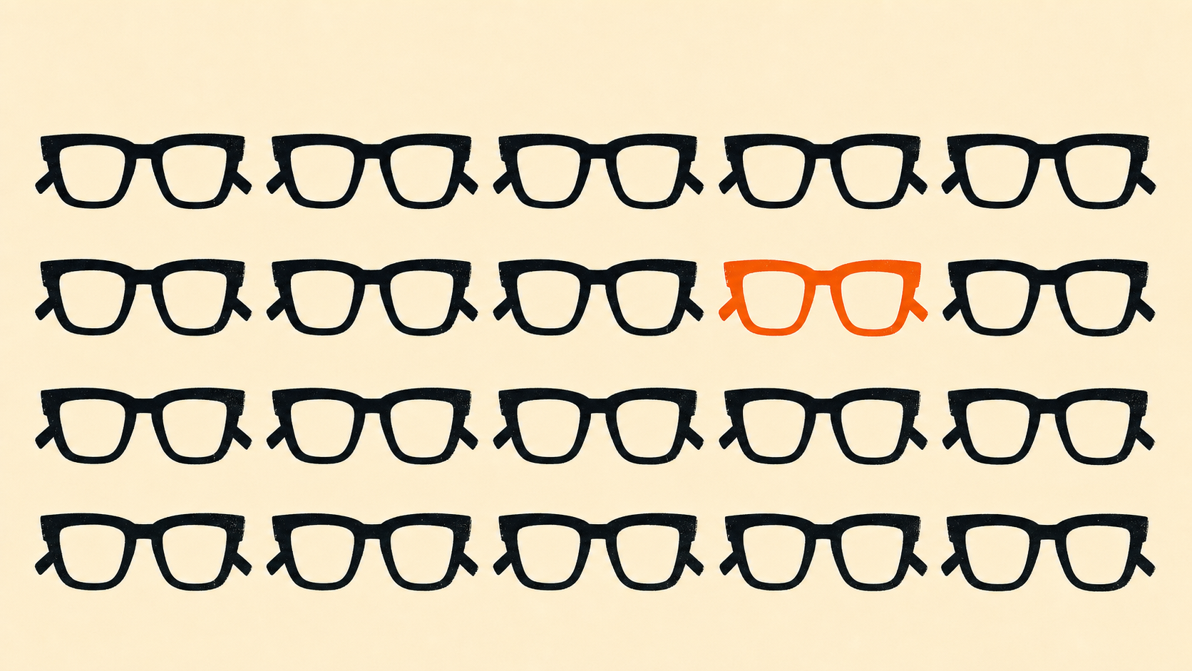 Bass-style poster of a wall of eyeglasses with one pair glowing orange.