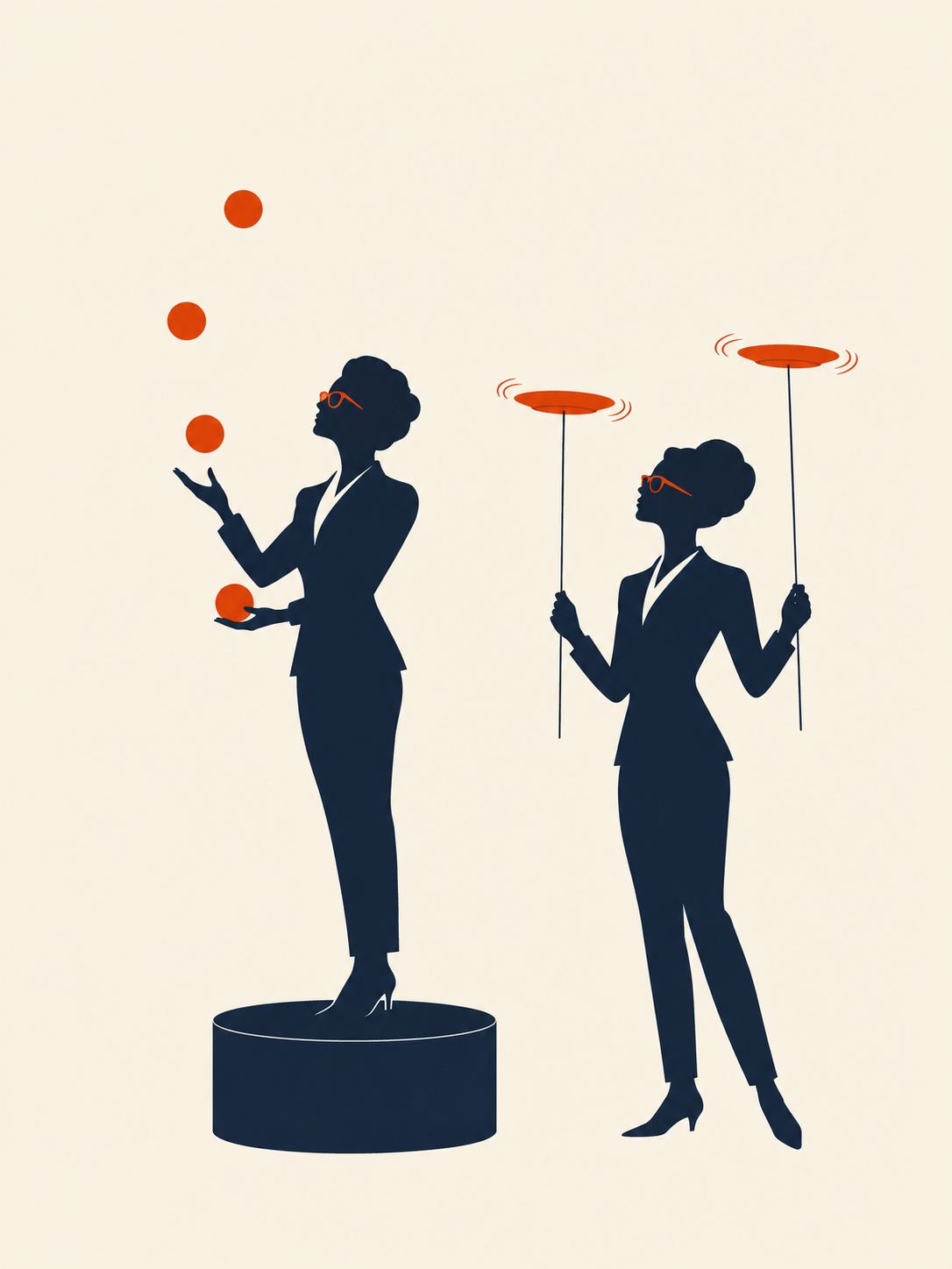 Bass-style poster of two silhouetted women in tailored suits and orange glasses, one juggling three orange balls on a small pedestal, the other spinning two orange plates on sticks alongside her.