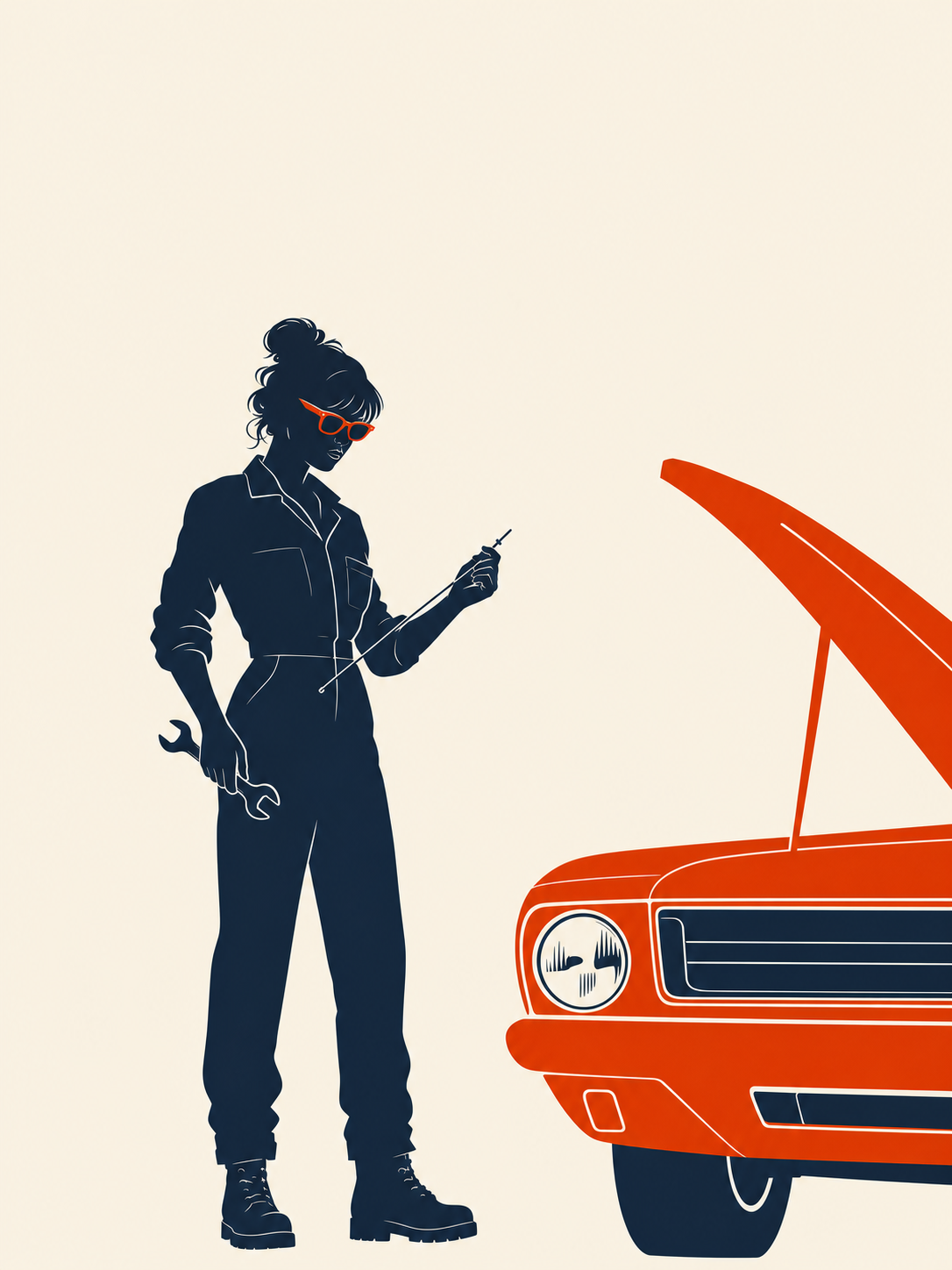 Bass-style poster of a silhouette mechanic checking an engine, one detail highlighted in orange.