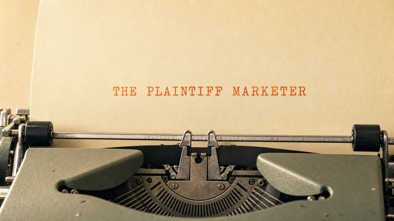 Editorial photograph of a vintage typewriter with the words THE PLAINTIFF MARKETER typed in orange ink on cream paper.