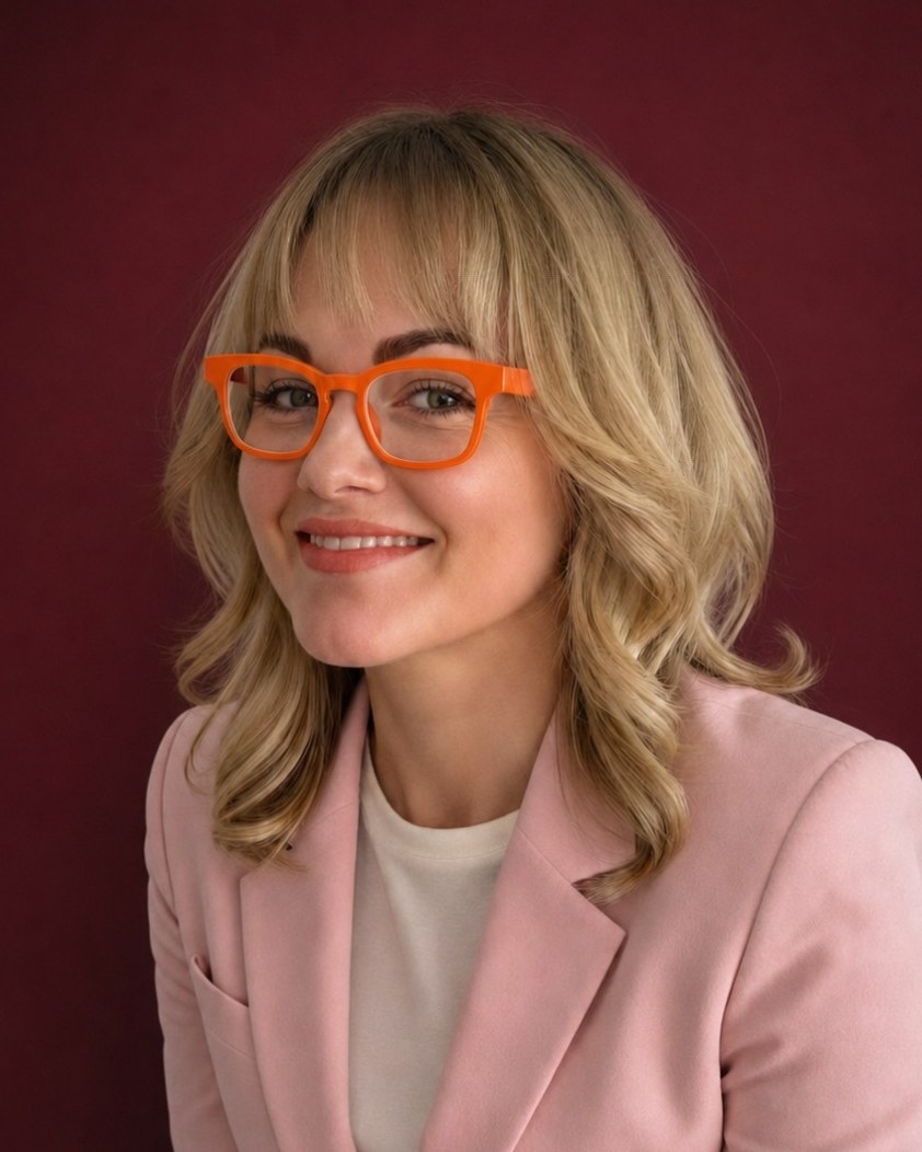 Portrait of Kim Lyons wearing orange glasses and a soft pink blazer against a rich oxblood studio background.