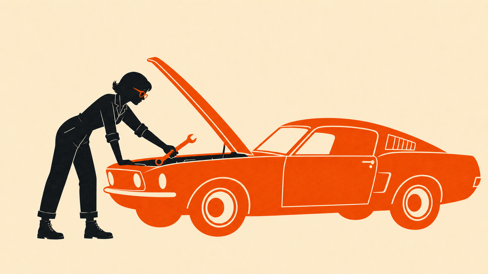Silhouette of a mechanic in coveralls and orange glasses holding an oversized orange pipe wrench