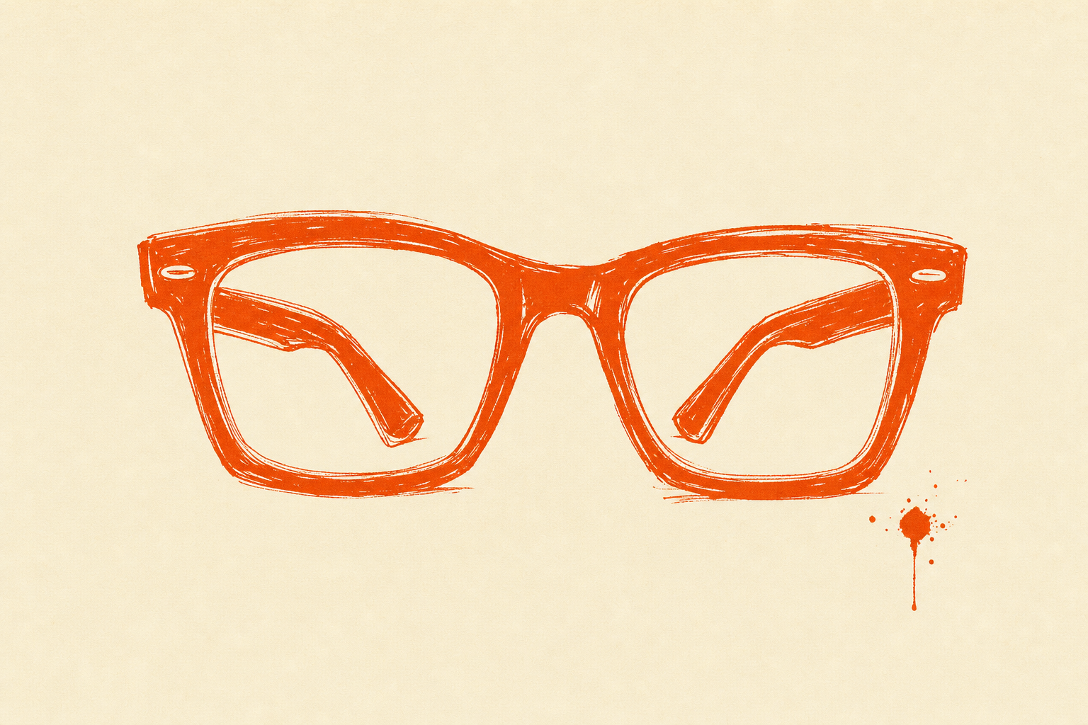 Hand-drawn ink illustration of bright orange rectangular eyeglasses on cream paper.