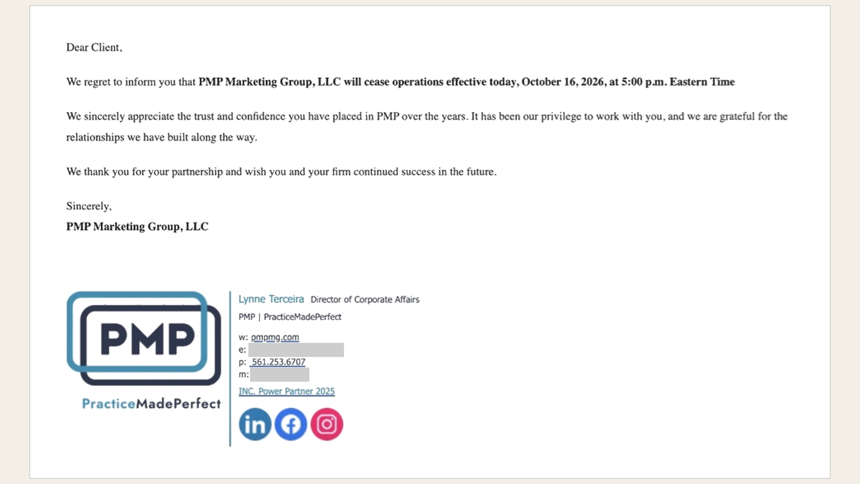 Client notice from PMP Marketing Group, LLC stating the company will cease operations effective October 16, 2026, at 5:00 p.m. Eastern Time. Personal contact details are redacted.
