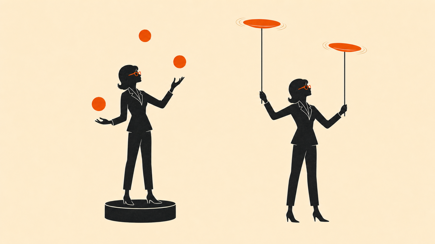 Silhouette of a woman in a suit and orange glasses juggling three orange balls on a circus pedestal